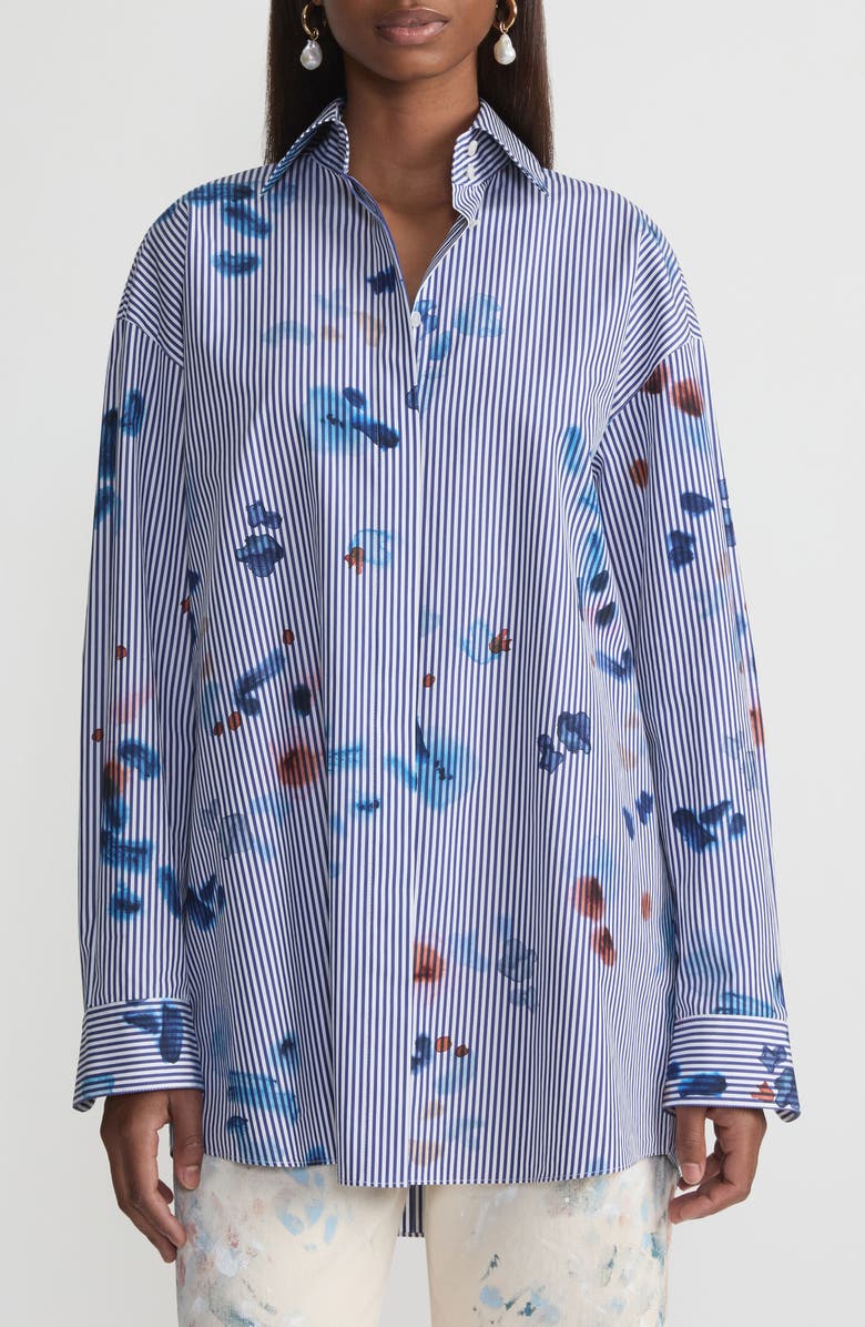 Lafayette 148 New York Paint Splatter Stripe Oversize Portrait Shirt, Main, color, Sky Multi