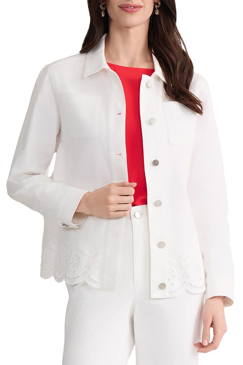 Eyelet Embroidered Trim Shirt Jacket, Main, color, SOFT WHITE
