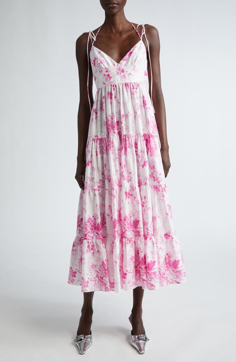 Erdem Floral Print Strappy Tiered Dress, Main, color, Antique Print Rose
