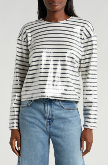 Frame Stripe Long-sleeve Sequined Top In Navy Multi