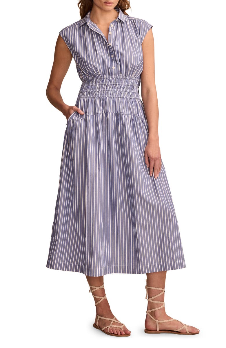 Lucky Brand Stripe Smocked Sleeveless Midi Shirtdress, Main, color, 