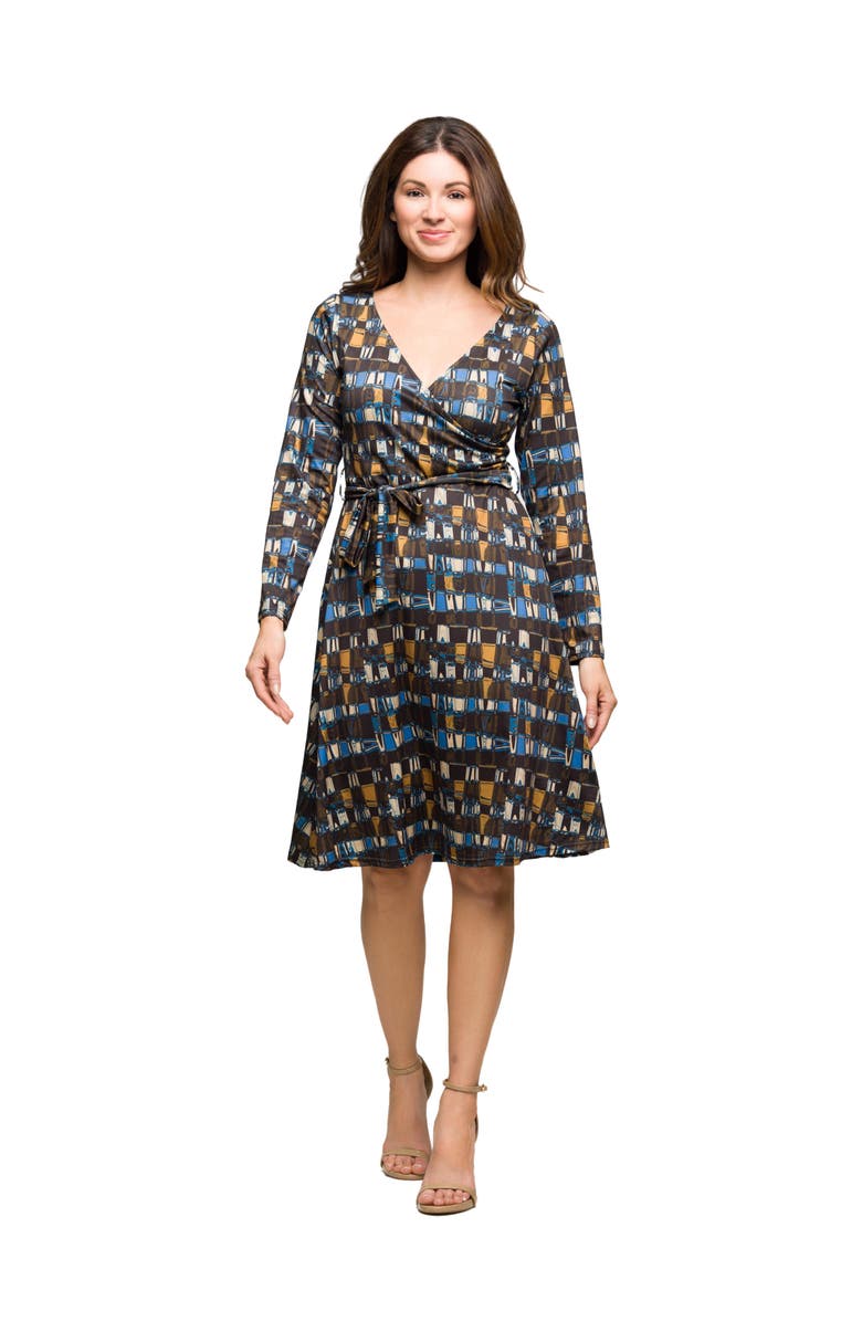 24seven Comfort Apparel Long Sleeve Wrap Dress with Belt in Geometric Print, Main, color, Brown Multi