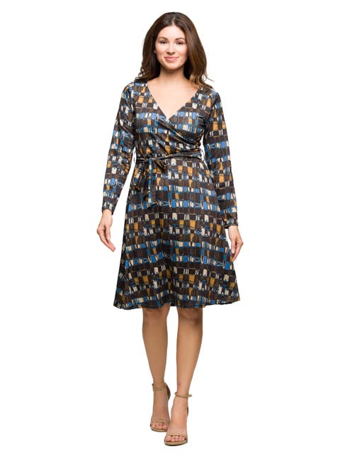 Long Sleeve Wrap Dress with Belt in Geometric Print