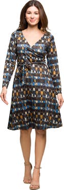 24seven Comfort Apparel Long Sleeve Wrap Dress with Belt in Geometric Print
