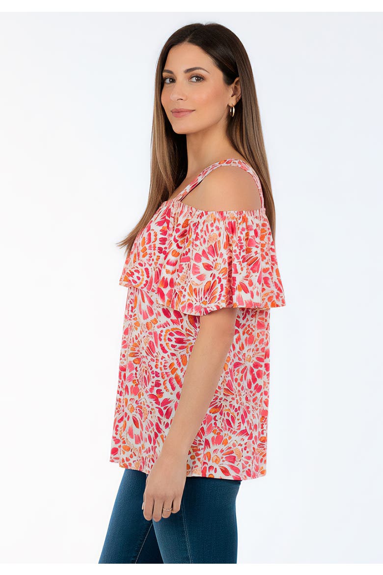 Stretch Knit Cold Shoulder Ruffle Tunic, Alternate, color, PINK BURST FEATHER