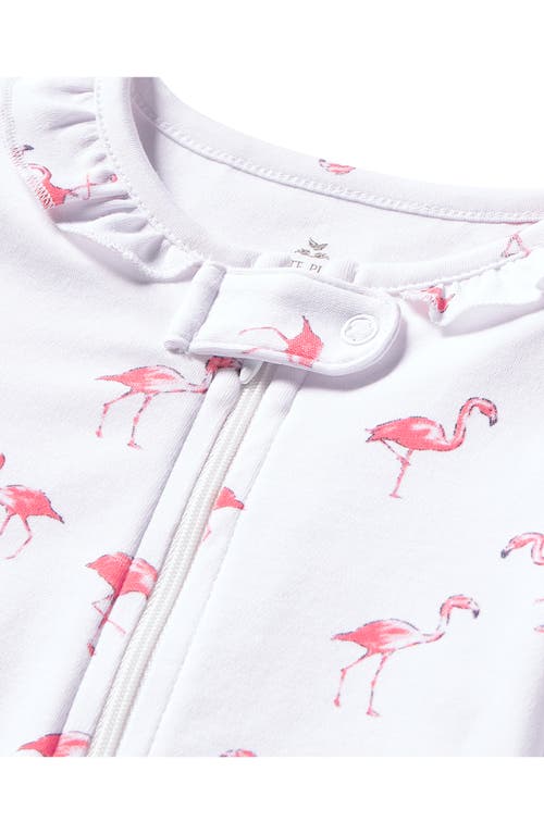 Petite Plume Flamingo Print Pima Cotton Footie In White
