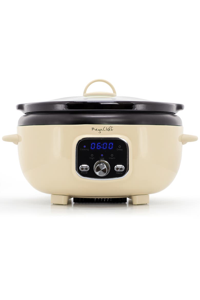 3.7 Quart Oval Electric Digital Slow Cooker in Cream with Black Pot, Alternate, color, White