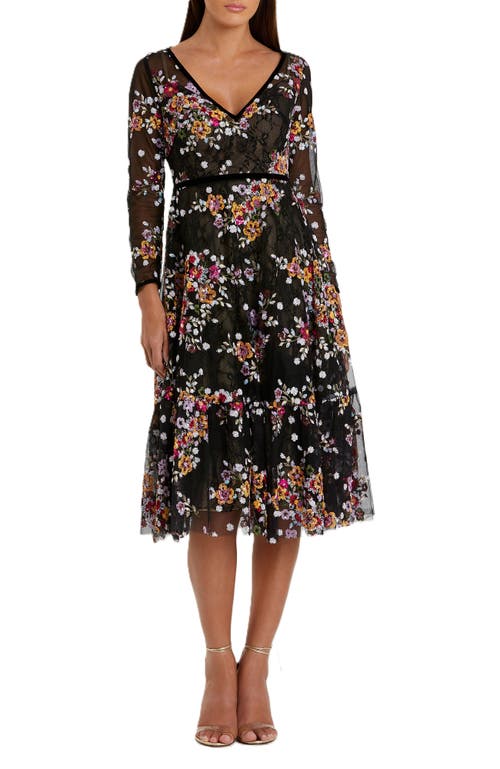 Mac Duggal Sequined Floral Lace Long-sleeve Illusion Dress In Black Multi