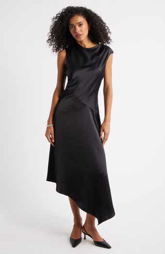 Open Edit Cowl Neck Asymmetric Satin Midi Dress
