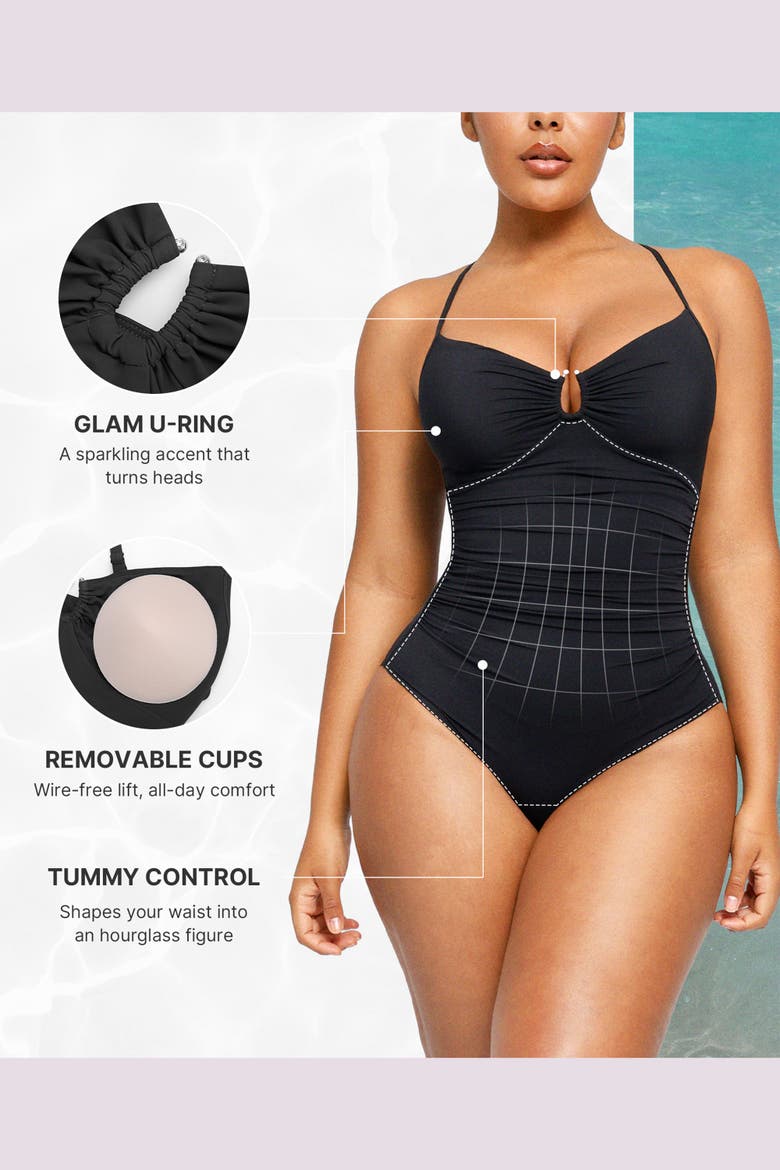 U-Ring Cut Out Ruched One-Piece Swimsuit, Alternate, color, Jet Black