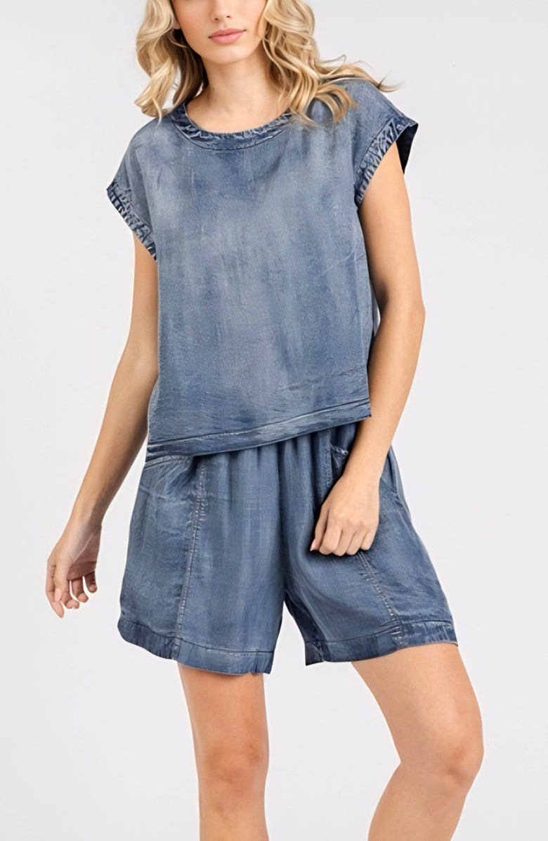 Knit and Lounge Washed Cap Sleeve Top with Back Button Detail, Alternate, color, Washed Blue