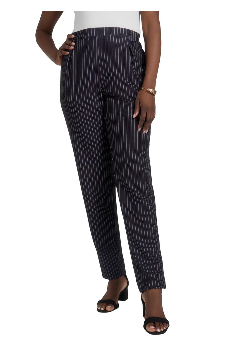 Jessica London Stretch Knit Crepe Straight Leg Pants, Main, color, Black Simple Pinstripe