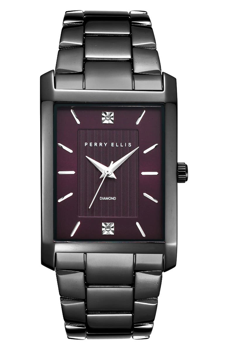Perry Ellis Slim Rectangular Diamond Bracelet Watch, 31mm x 40mm, Main, color, Gunmetal