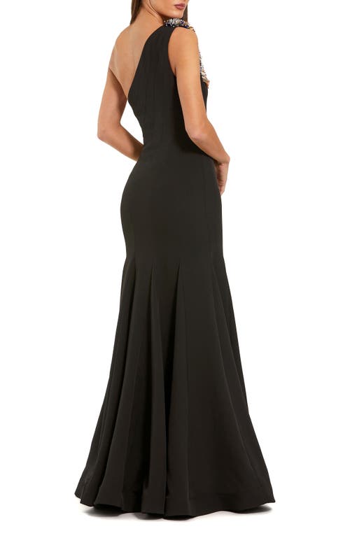 Mac Duggal Crepe One Shoulder Mermaid Gown With Beading In Black