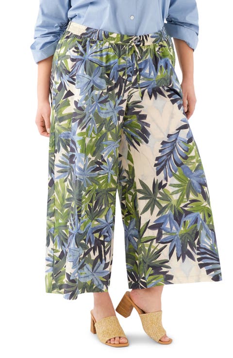 Frond Print Cotton Drawstring Wide Leg Pants (Plus)