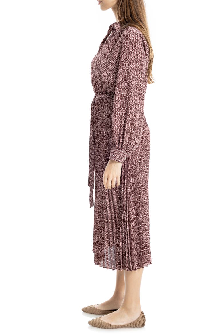Long Sleeve Pleated Shirtdress, Alternate, color, VINTAGE WINE OPTICAL GRID