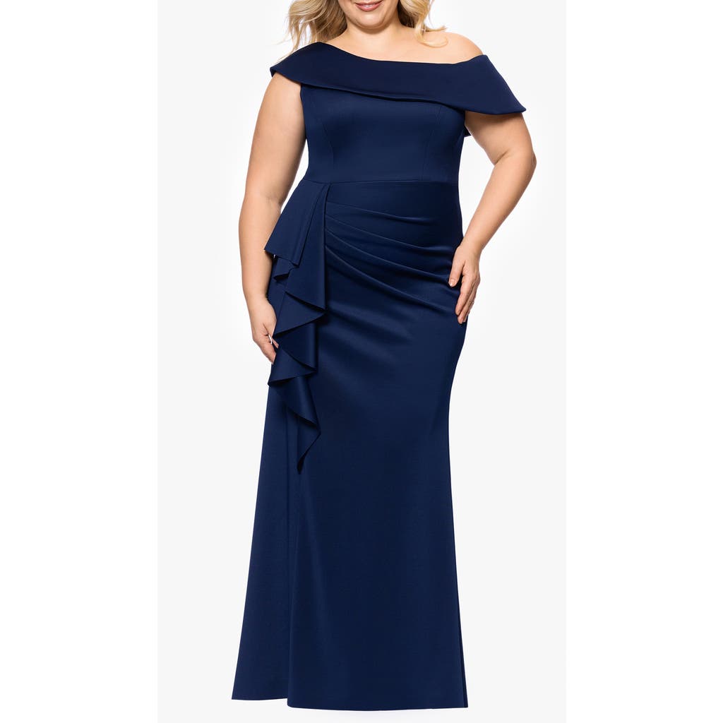 Xscape Evenings Ruffle One-shoulder Scuba Gown In Midnight