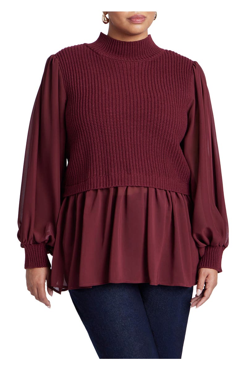 ELOQUII Twofer Sweater With Chiffon, Main, color, Maroon Banner