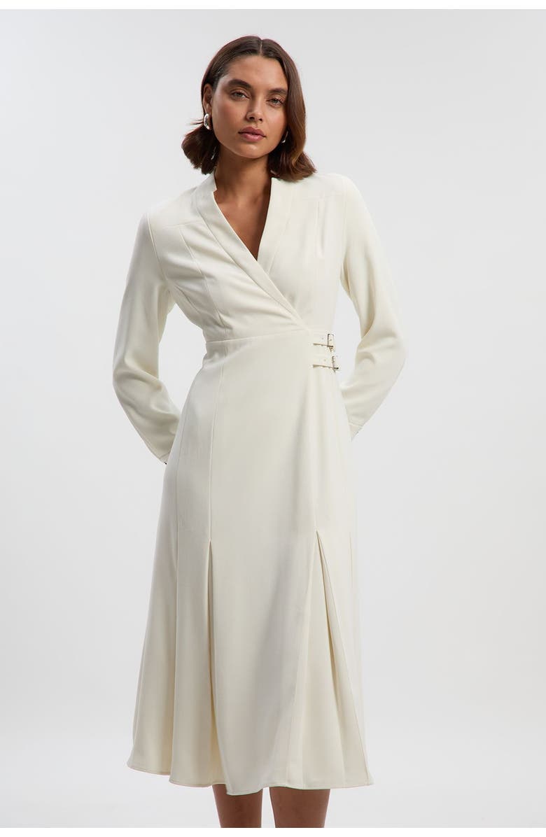 Karen Millen Crepe Buckle Waist Midi Shirt Dress, Main, color, Ivory