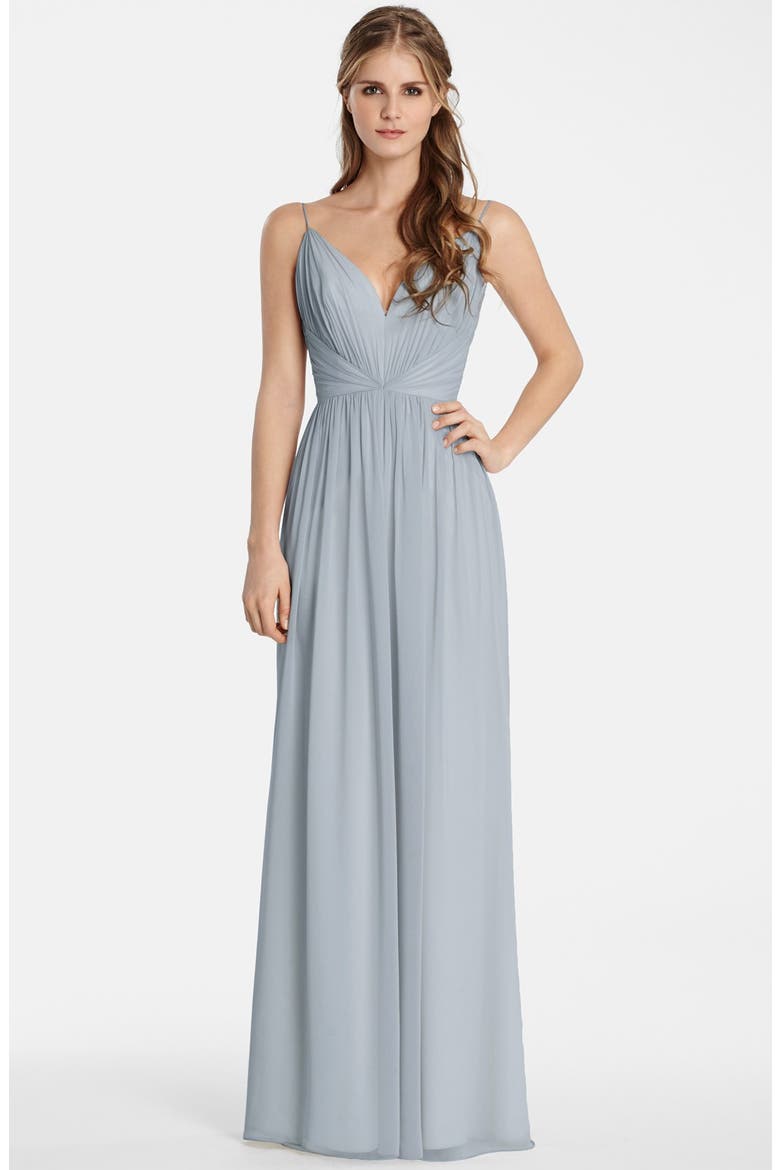 Draped V-Neck Chiffon Gown, Main, color, SILVER
