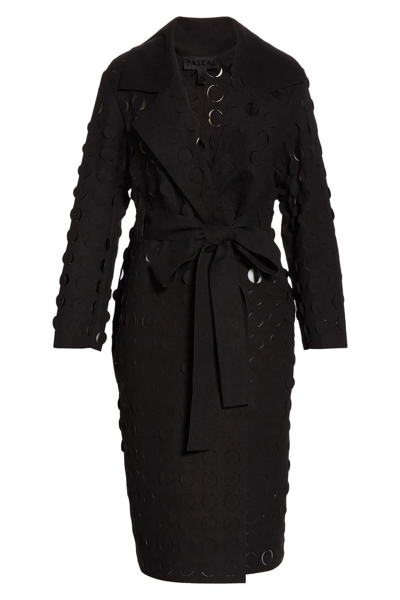 Laser Cut Circle Wrap Coat, Alternate, color, BLACK