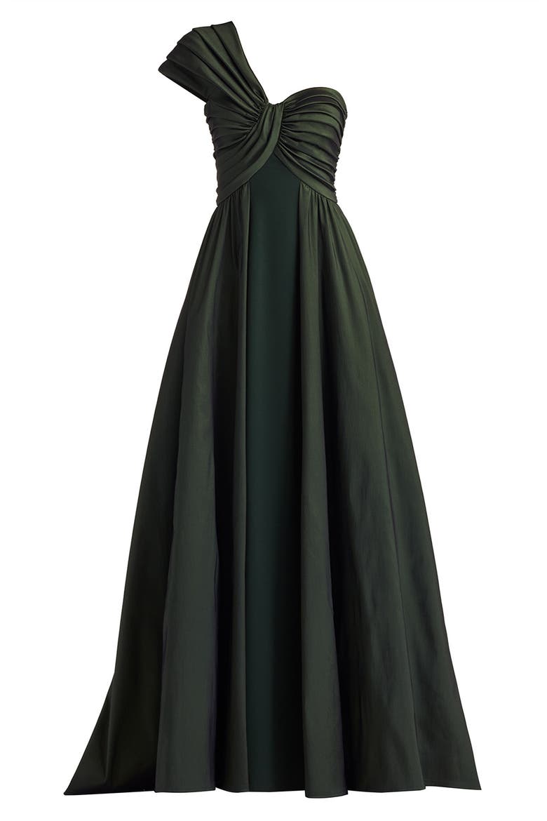 One-Shoulder Taffeta Gown, Alternate, color, DARK FOREST