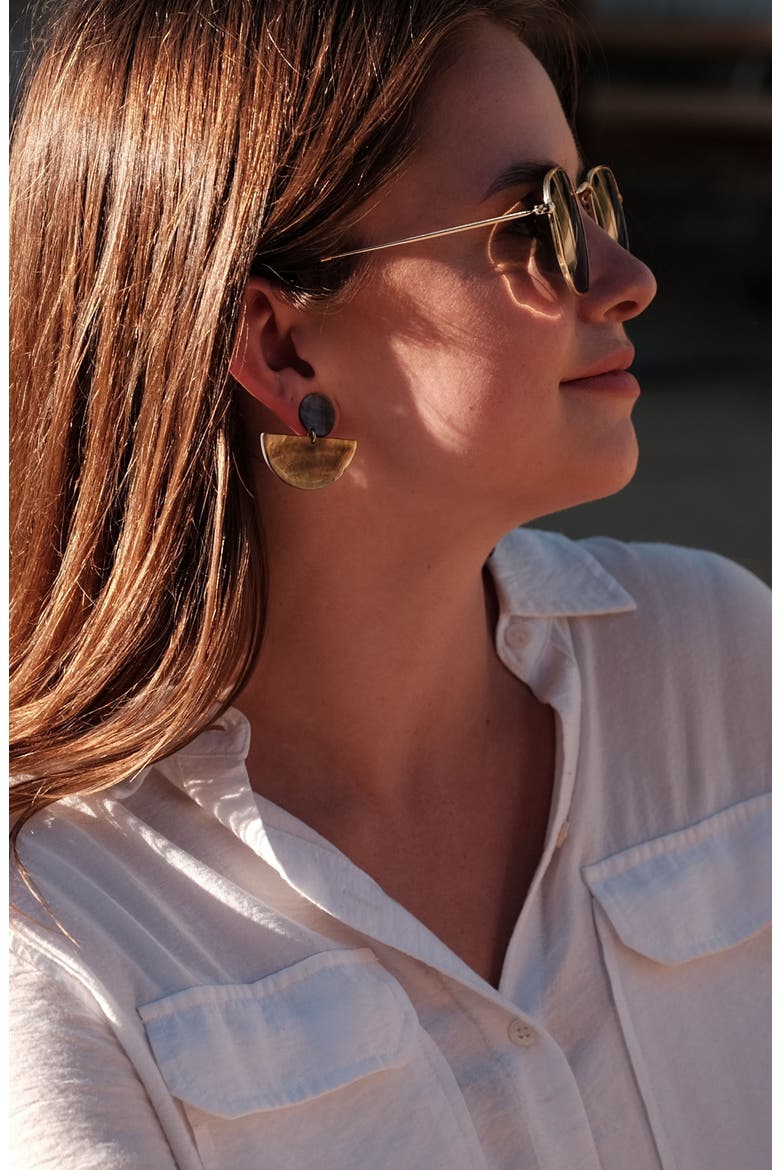 Mother-of-Pearl Geometric Coin Stud Earrings, Alternate, color, Black