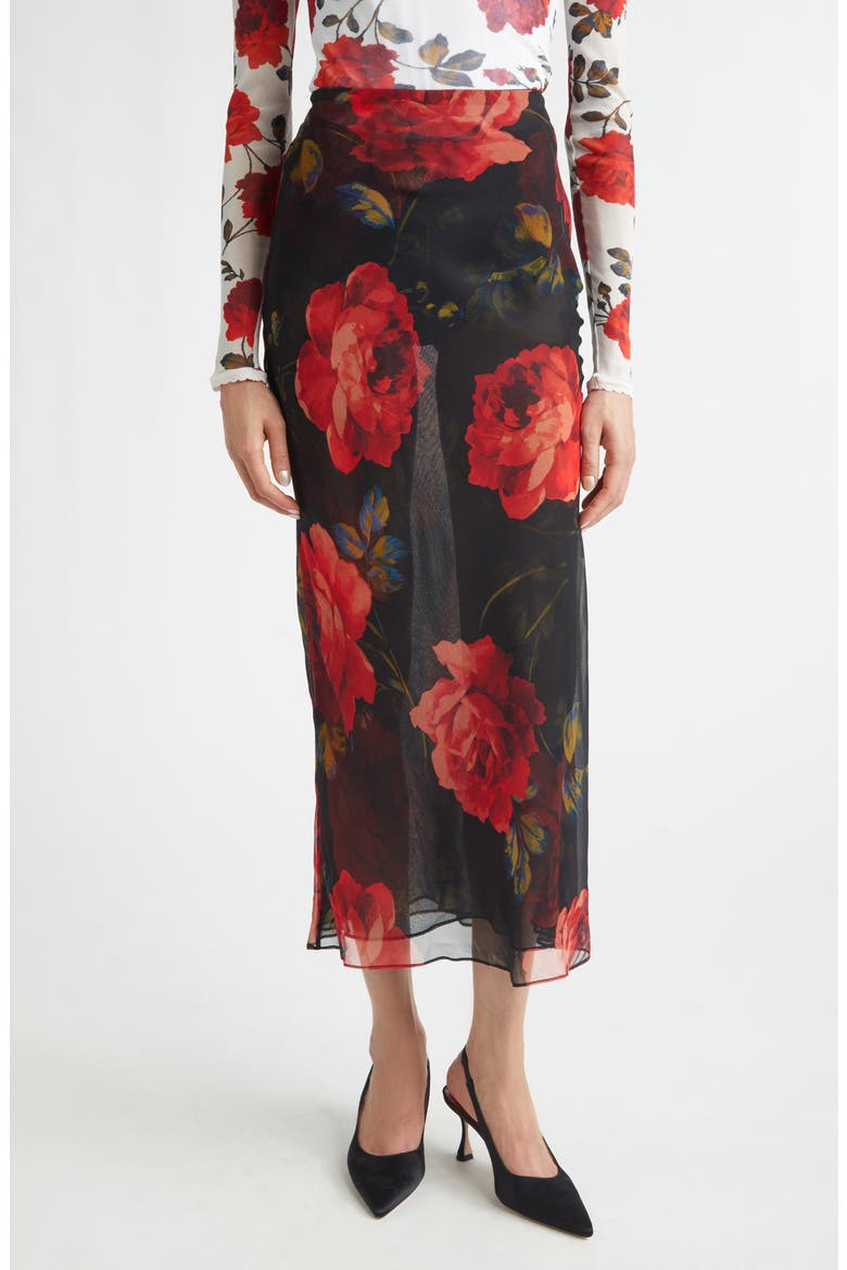 Rose Print Sheer Silk Chiffon Midi Skirt, Main, color, BLACK MULTI