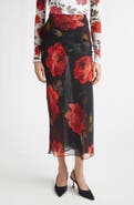 Carolina Herrera Rose Print Sheer Silk Chiffon Midi Skirt