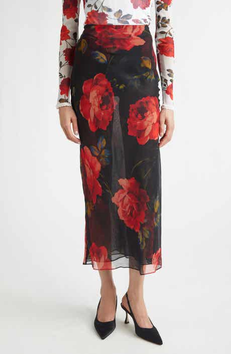 Rose Print Sheer Silk Chiffon Midi Skirt