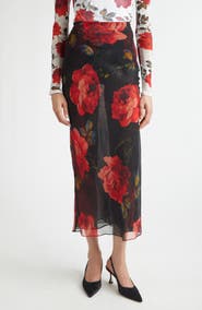 Carolina Herrera Rose Print Sheer Silk Chiffon Midi Skirt