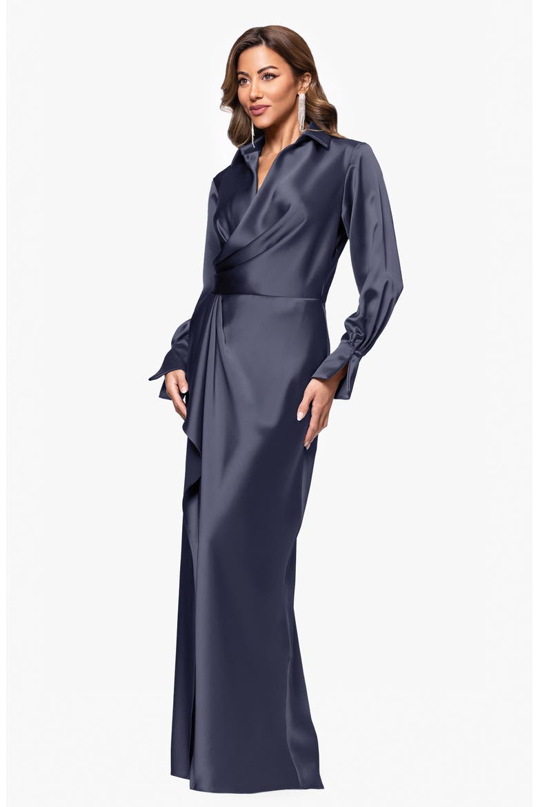 Collar Long Sleeve Satin Gown, Alternate, color, NAVY