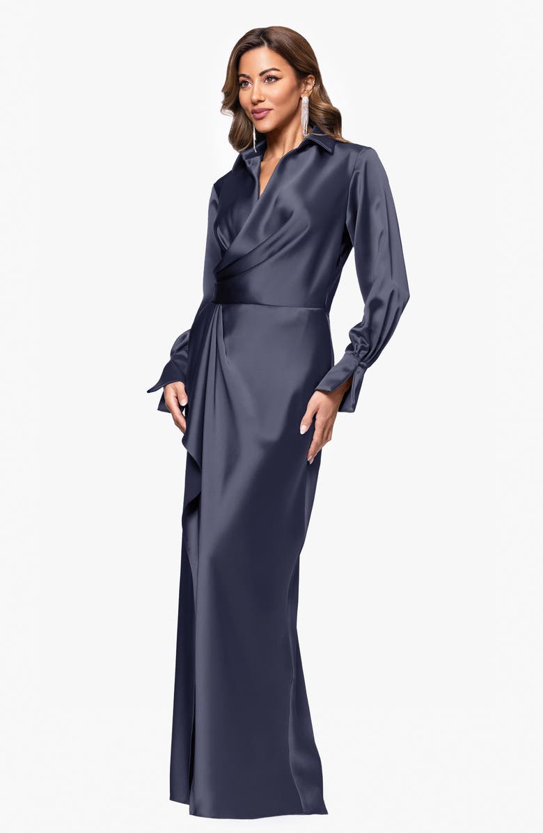 Xscape Evenings Collar Long Sleeve Satin Gown, Alternate, color, Navy