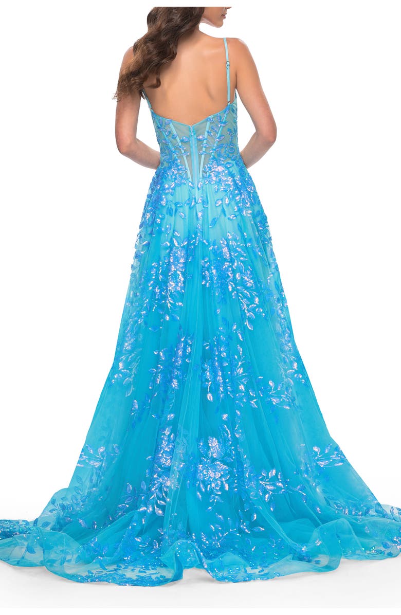 La Femme Sequin Lace Print Tulle A-Line Prom Dress with Illusion Bodice, Alternate, color, Blue