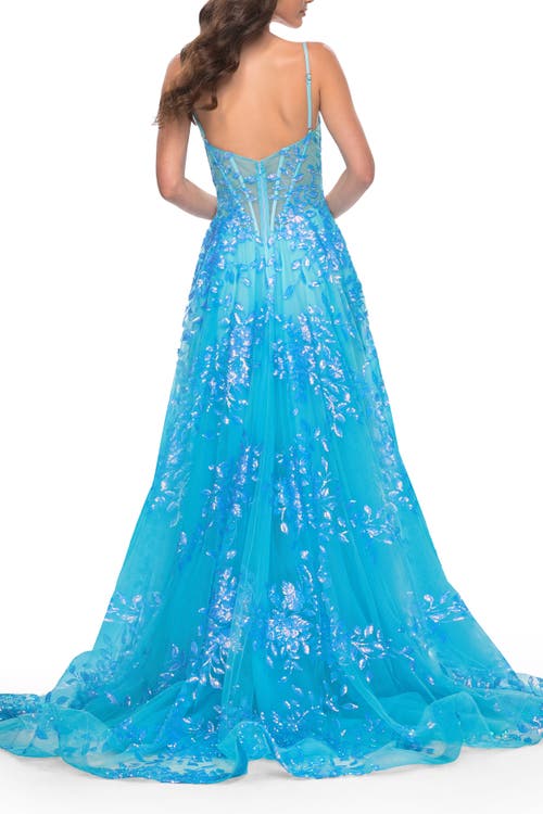 La Femme Sequin Lace Print Tulle A-line Prom Dress With Illusion Bodice
