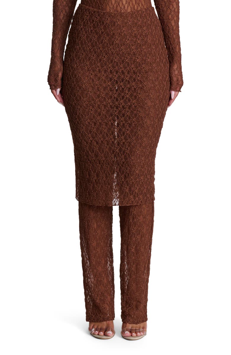 Naked Wardrobe Stretch Lace Skirted Pants, Main, color, Brown Sugar