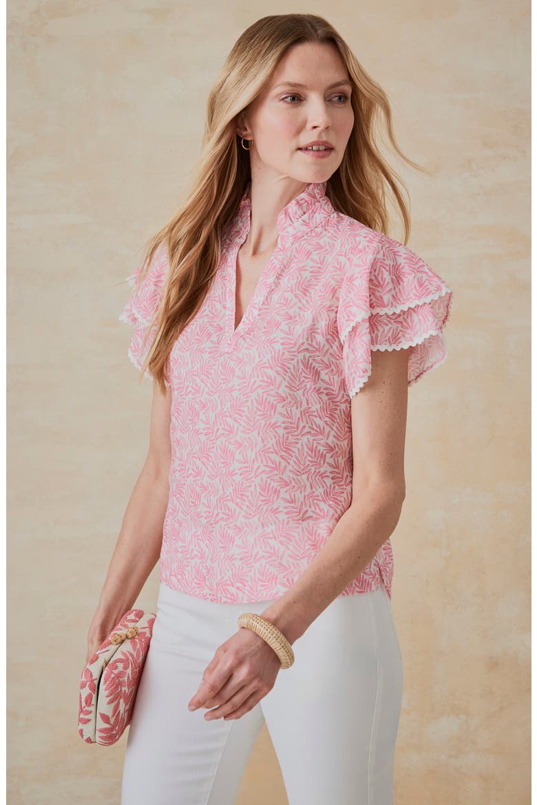 Elara Flutter Sleeve Woven Top, Alternate, color, WHITE/ PINK