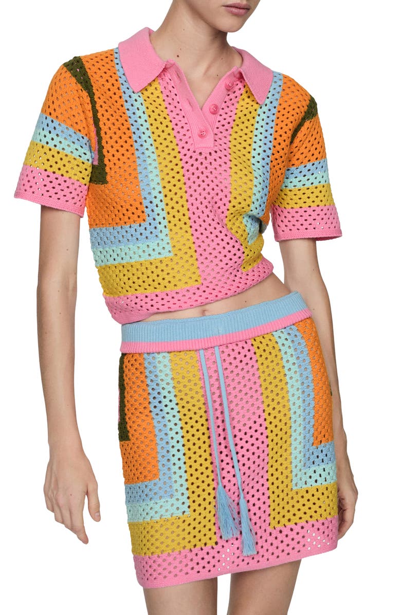 MANGO Babylon Colorblock Open Stitch Cotton Polo Sweater, Main, color, 