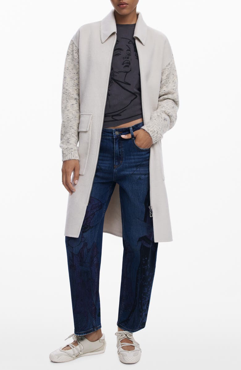 Desigual Mixed Media Longline Overcoat, Main, color, Beige