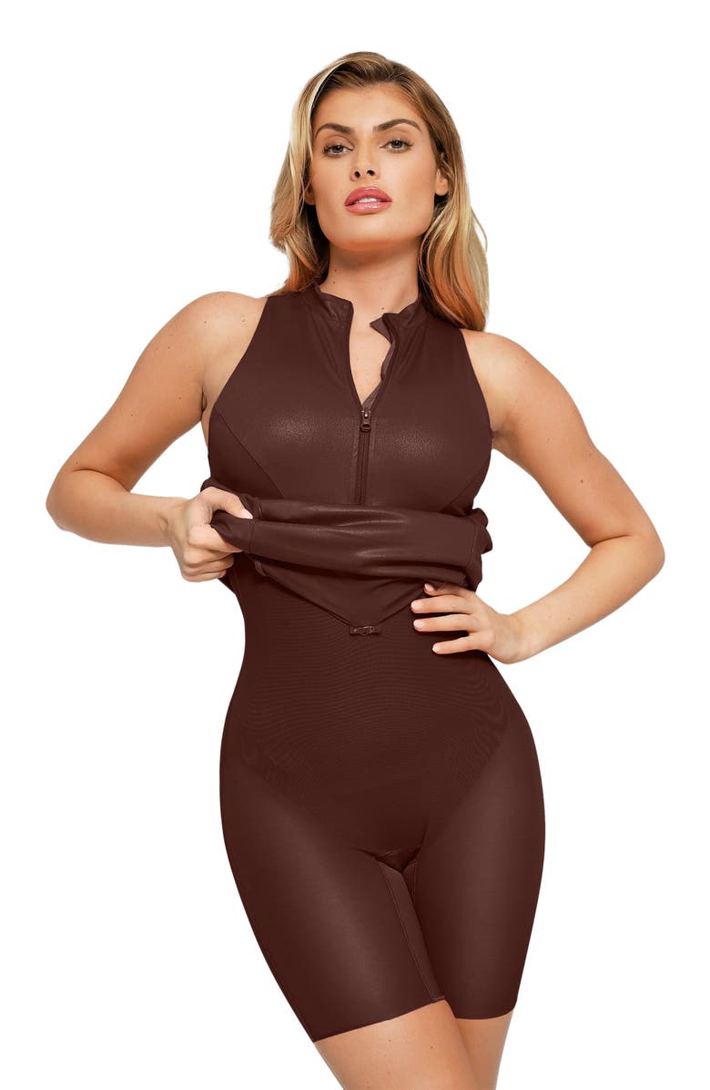 Popilush Shapewear Sculpting Faux Leather Zip Front Midi Dress, Alternate, color, Ruddy Brown