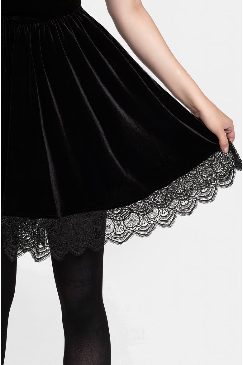 Orbweb Lace Hem Velour Mini Dress, Alternate, color, Black