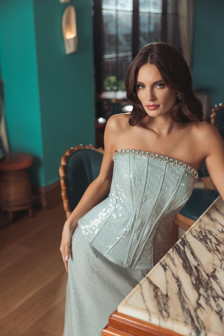 Strapless Sequin Peplum Gown With Rhinestone Trim, Alternate, color, Pale Blue