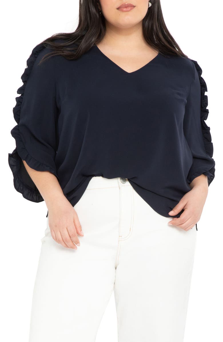 ELOQUII Ruffle Tulip Sleeve Blouse, Main, color, 