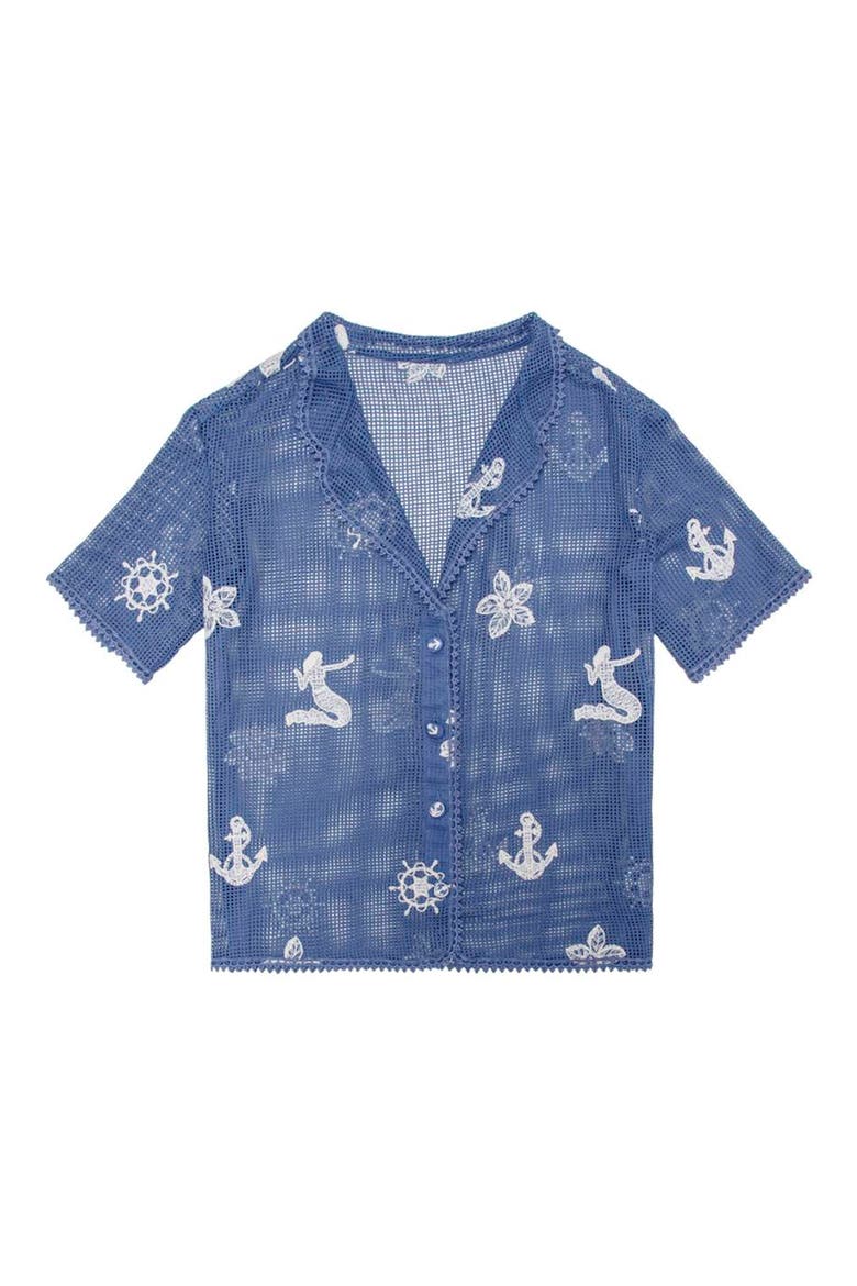 Axel Kai Crochet Trim Sheer Cotton Cover-Up Button-Up Shirt, Alternate, color, BLUE NAUTICAL
