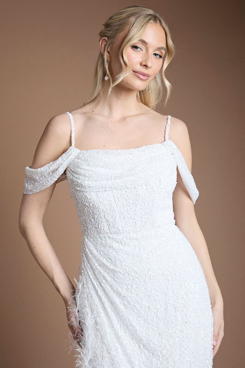 Bardot Neck Feather Trim Maxi Dress, Alternate, color, Ivory