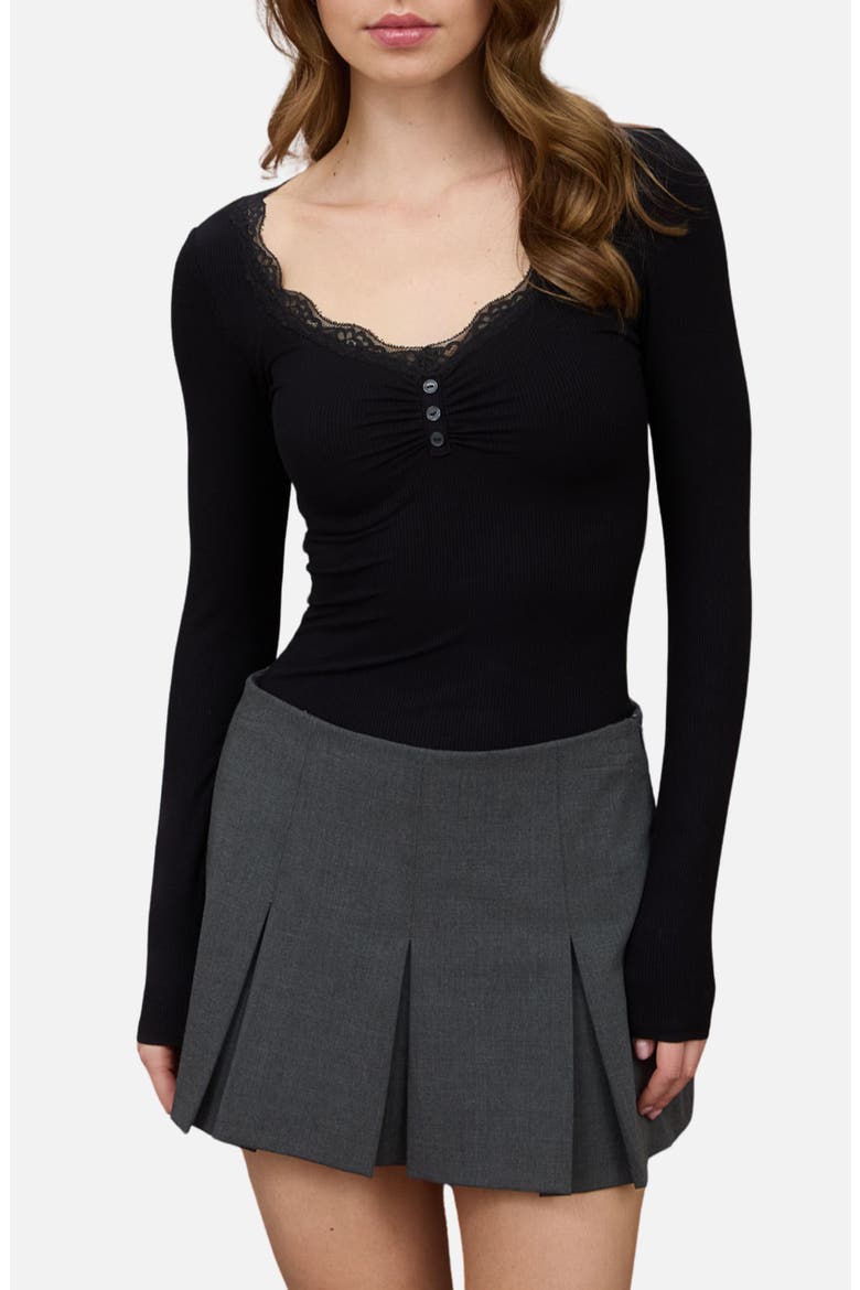 Lace Trim Knit Henley Top, Main, color, BLACK