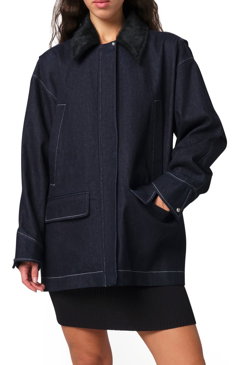 Apparis Clive Denim Chore Jacket with Faux Calf Hair Collar, Main, color, 