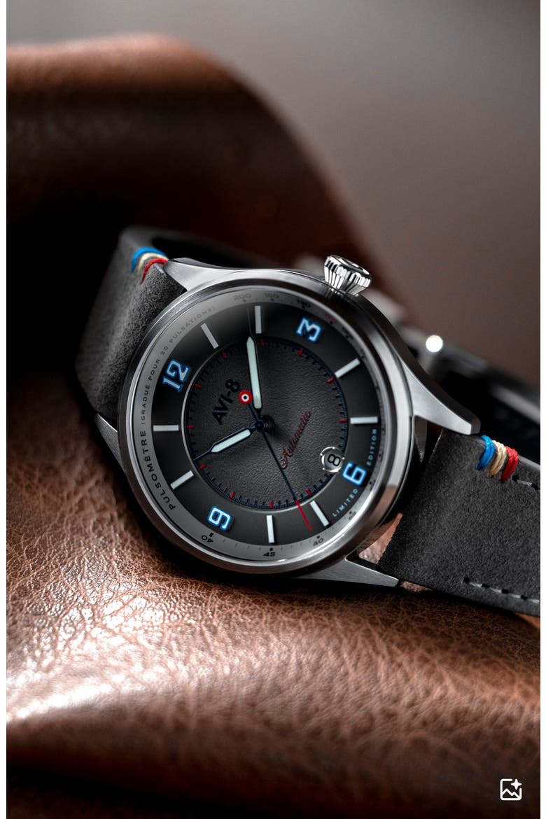 Flyboy Lafayette Automatic 110th Anniversary Limited Edition Leather Strap Watch, 42mm, Alternate, color, GREY