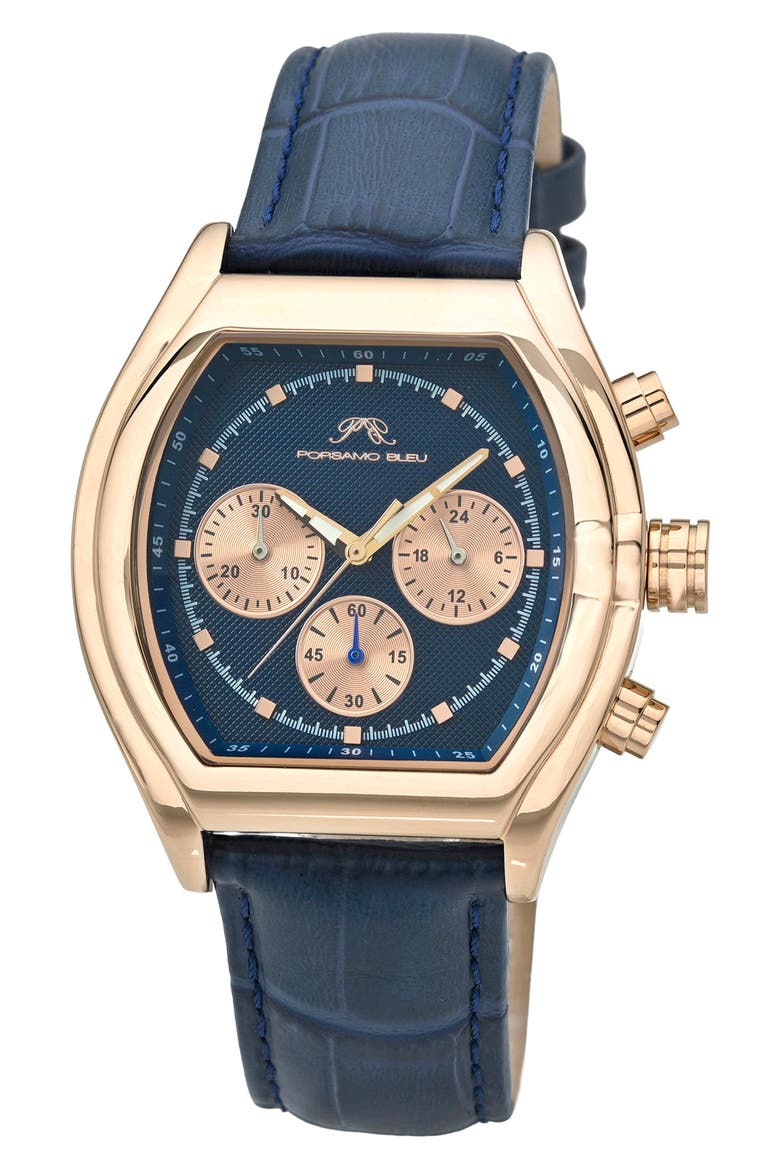 Roman Leather Strap Watch, Main, color, BLUE ROSE TONE