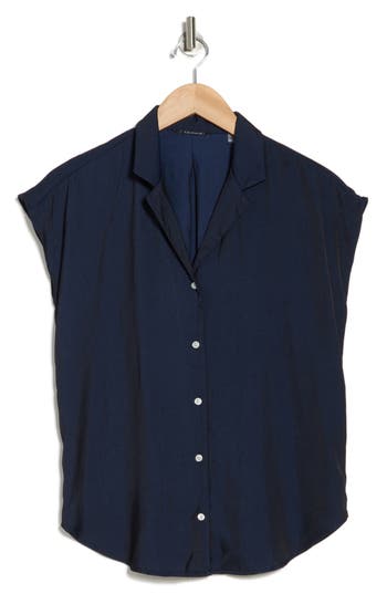 T Tahari Airflow Button-up Camp Shirt In Deep Navy
